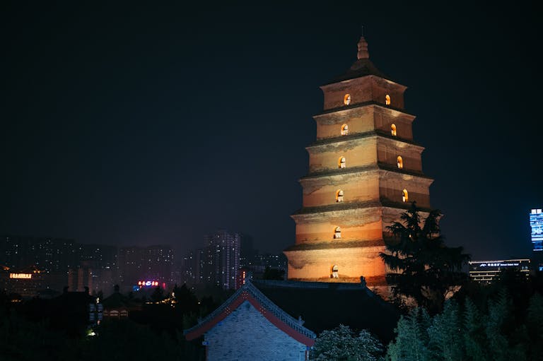 Captivating night view of the illuminated Big Wild Goose Pagoda in Xi'an, China.