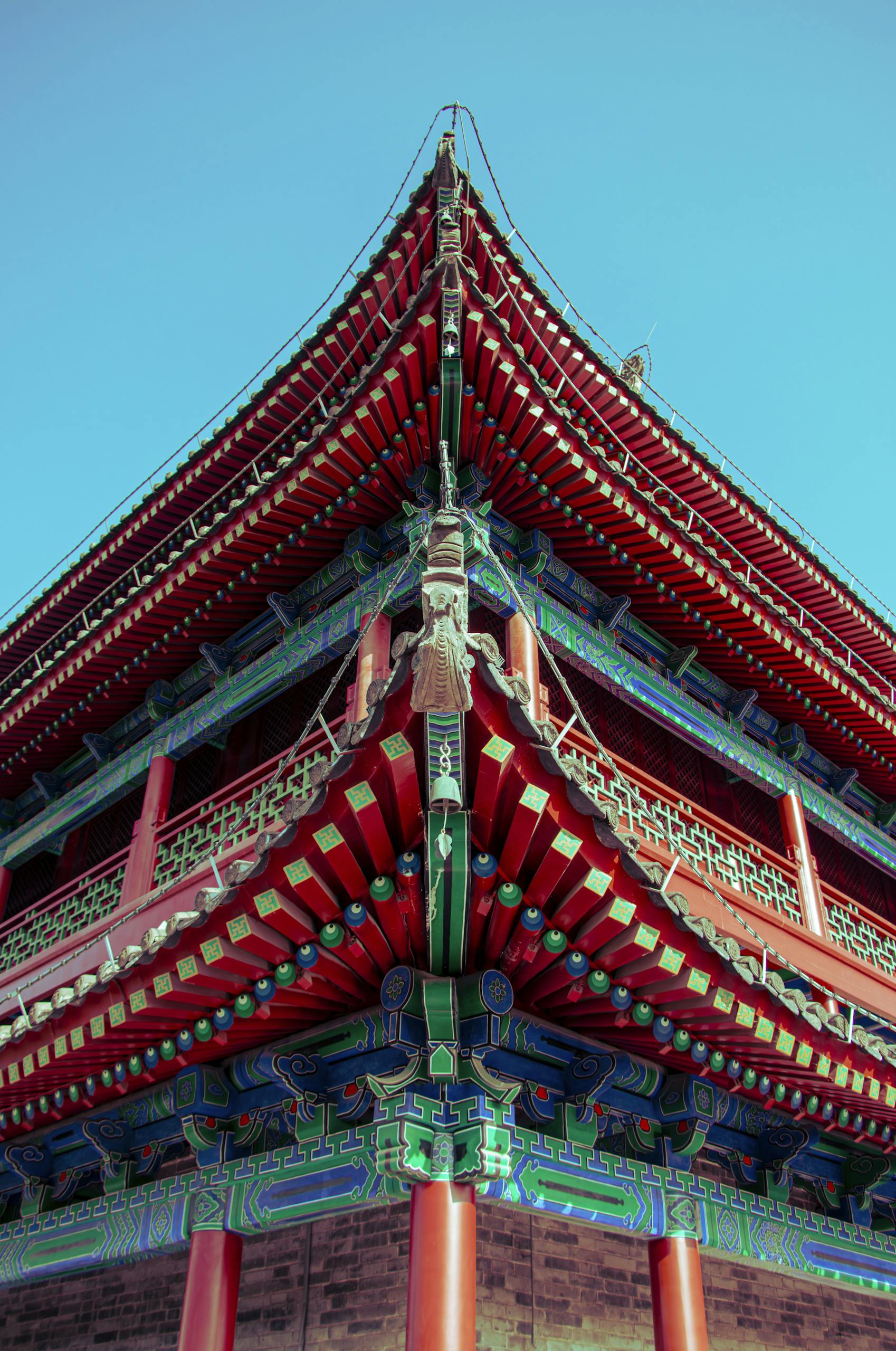 Magnificent corner view of classic Chinese temple architecture in Xi'an, Shaanxi province.